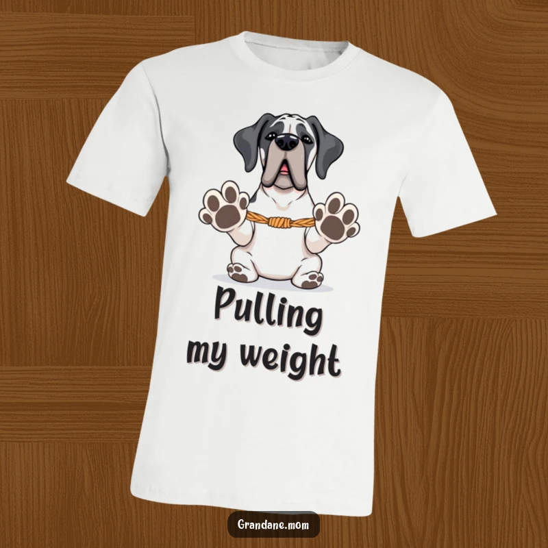 Funny Grand Dane t-shirt depicting a large dog with paws extended, ready for a game of tug-of-war, showing playful enthusiasm.