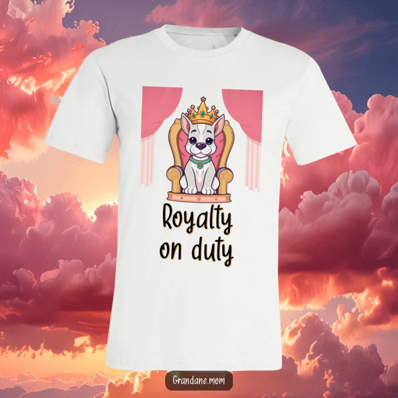 Funny Grand Dane King T-Shirt featuring a dignified Grand Dane dog wearing a crown and sitting regally on a throne.