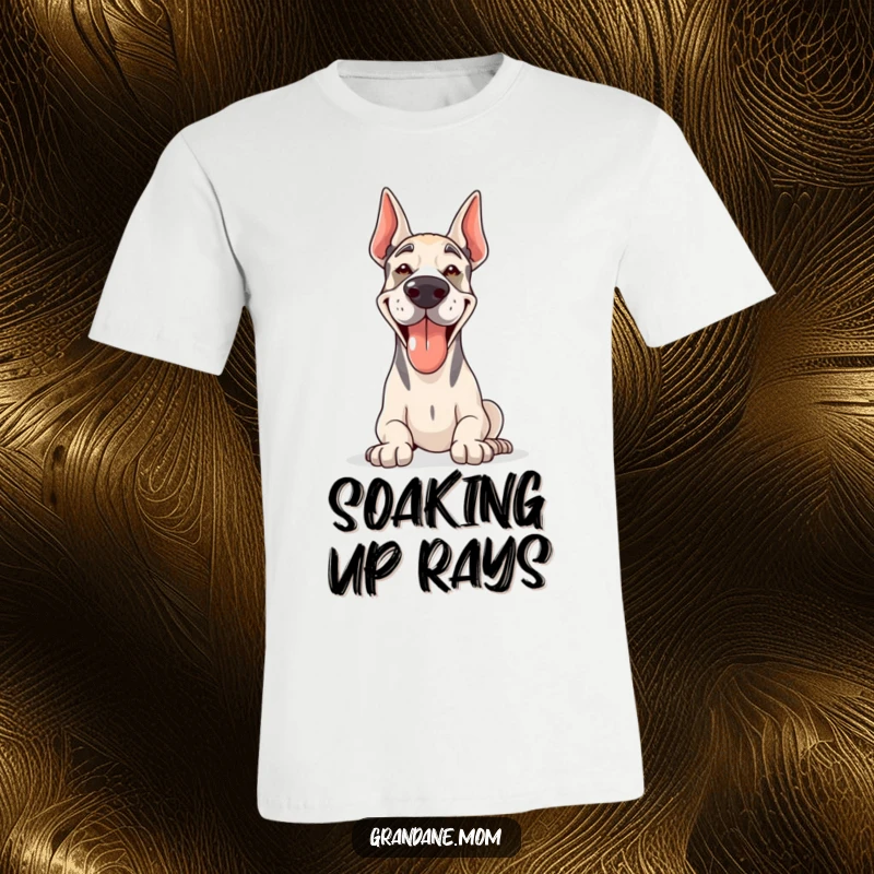 Funny Grand Dane t-shirt depicting a dog happily panting while enjoying the sunshine, perfect for summer vibes.