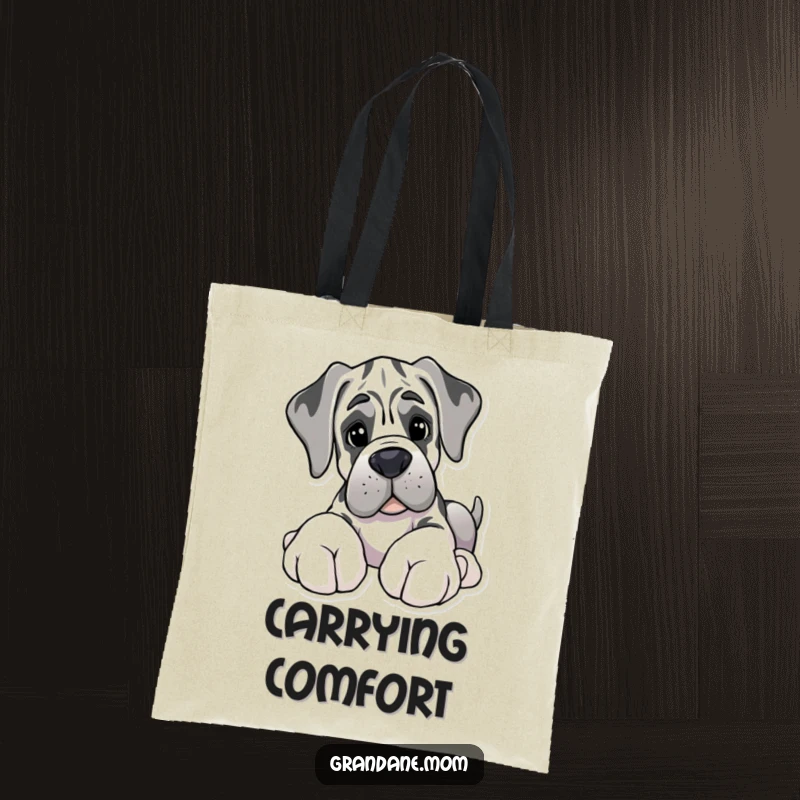 Funny tote bag illustrating a Grand Dane with oversized paws, tenderly offering a soft toy, celebrating gentle giants.
