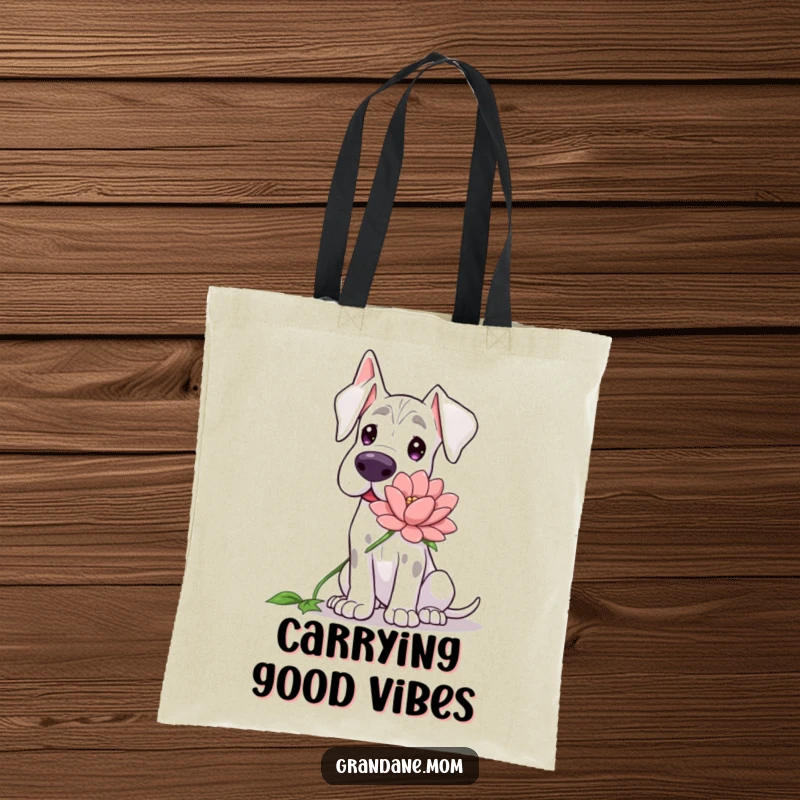 Funny Grand Dane tote bag, a gentle dog offering a large flower with a kind and loving expression.