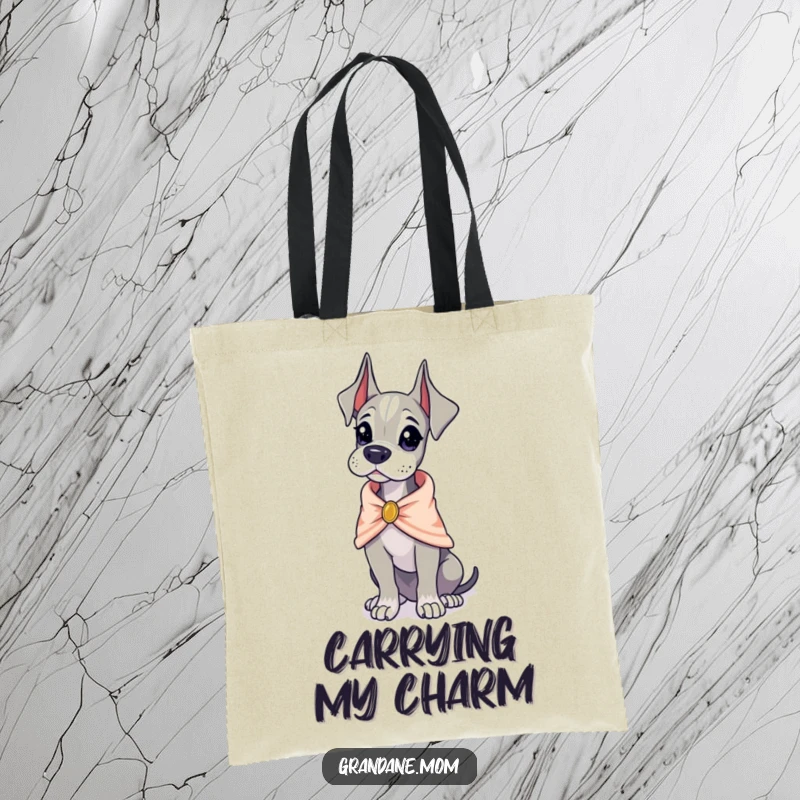 Funny Grand Dane wearing a tiny, elegant shawl, looking poised, a stylish and humorous tote bag, perfect funny gift.