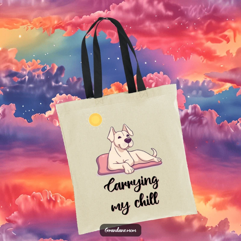 Funny Grand Dane tote bag featuring a content dog stretching in the sun, perfect for carrying items with a relaxed vibe.