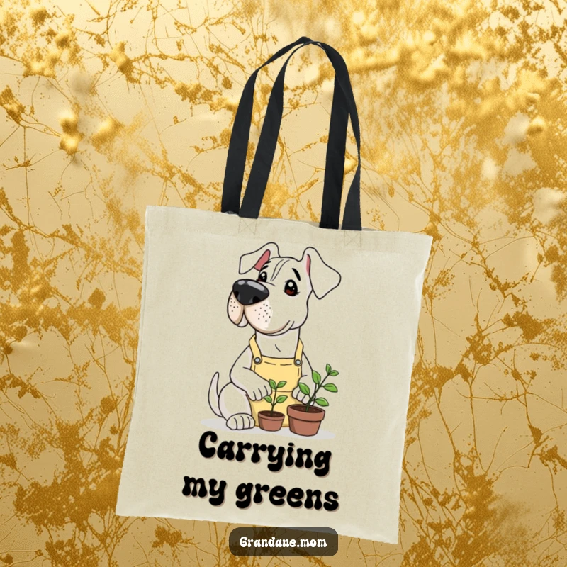 Funny Grand Dane wearing an apron, gently caring for a diminutive sprout, printed on a spacious and humorous tote bag.