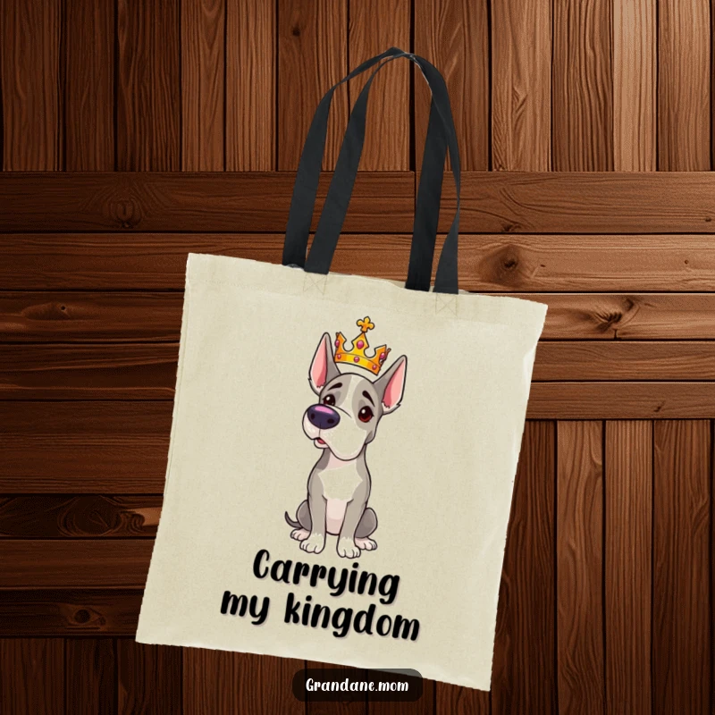Funny Grand Dane tote bag showing a majestic dog wearing a small crown and striking a regal pose.