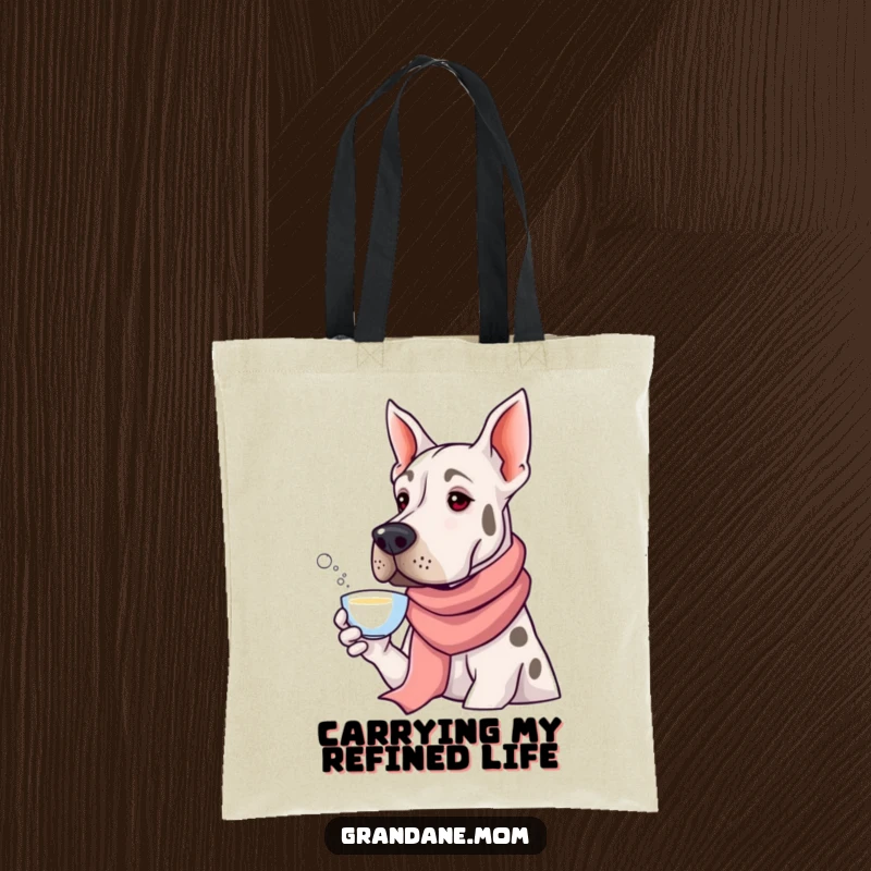 Funny Grand Dane wearing a long silk scarf, delicately sipping tea; a chic and humorous tote bag for dog lovers carrying their essentials.