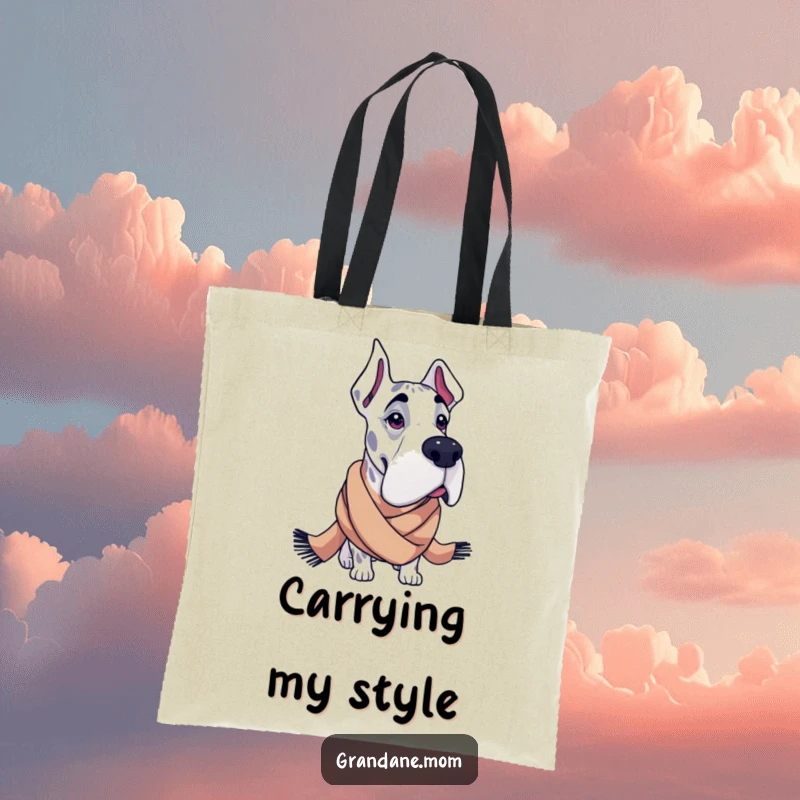 Funny Grand Dane tote bag depicting a large dog wearing a fashionable scarf, perfect for stylish errands and carrying smiles.