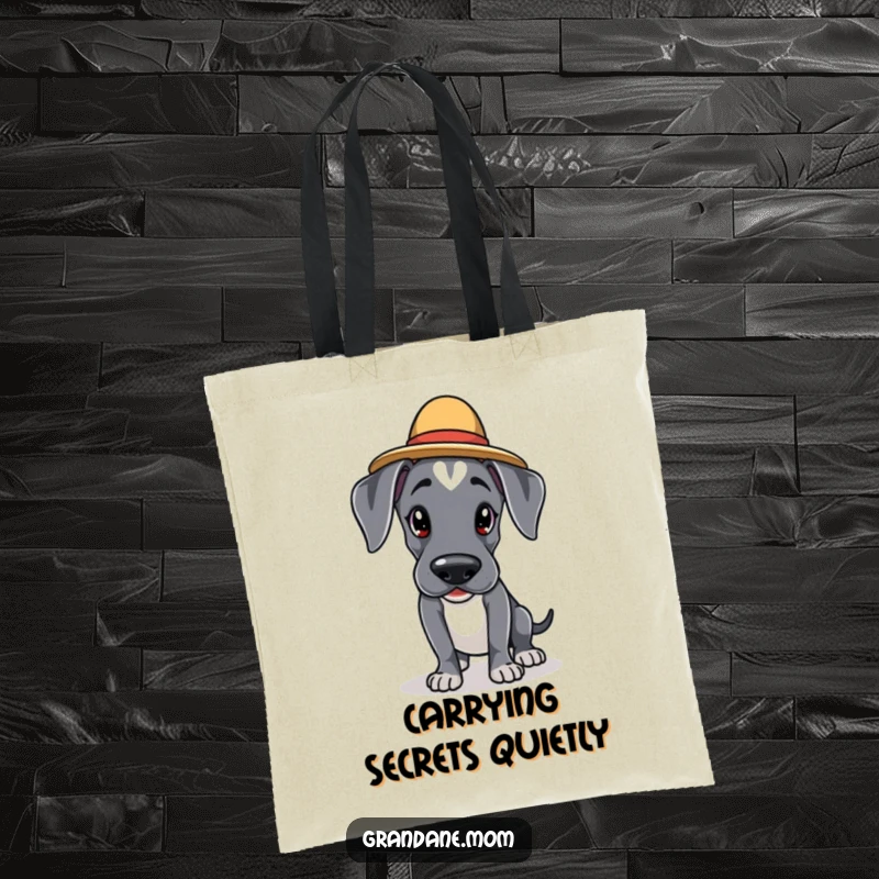 Funny Kawaii Great Dane tote bag: an adorable dog in an elegant hat is tiptoeing cautiously, perfect for carrying items with cute, stealthy flair.