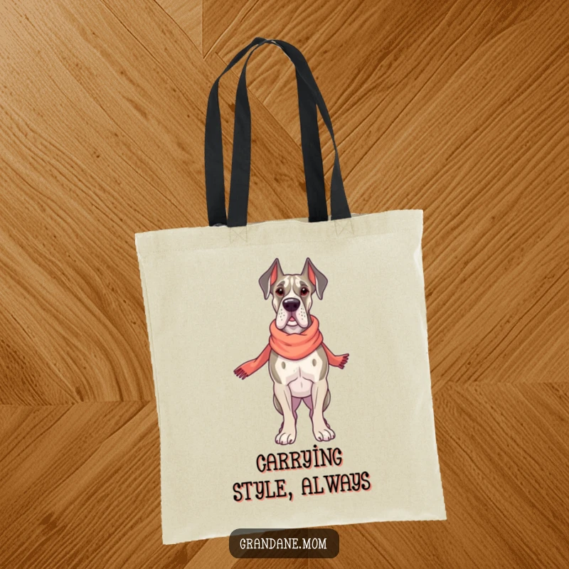 Funny Grand Dane Style Tote Bag, a sophisticated dog with an elegant scarf, carrying style, a humorous and practical gift.