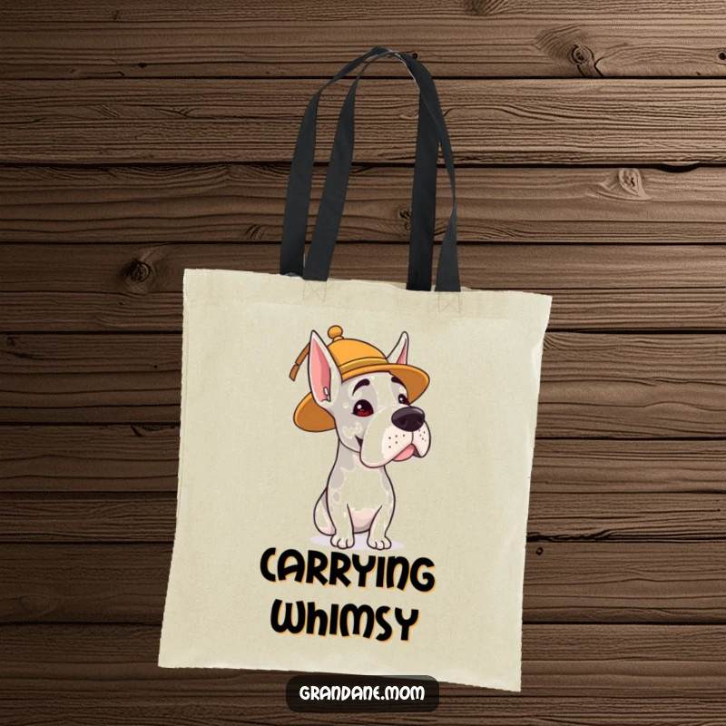 Funny tote bag with a Grand Dane wearing a whimsical hat and offering a gentle, humorous head nod.