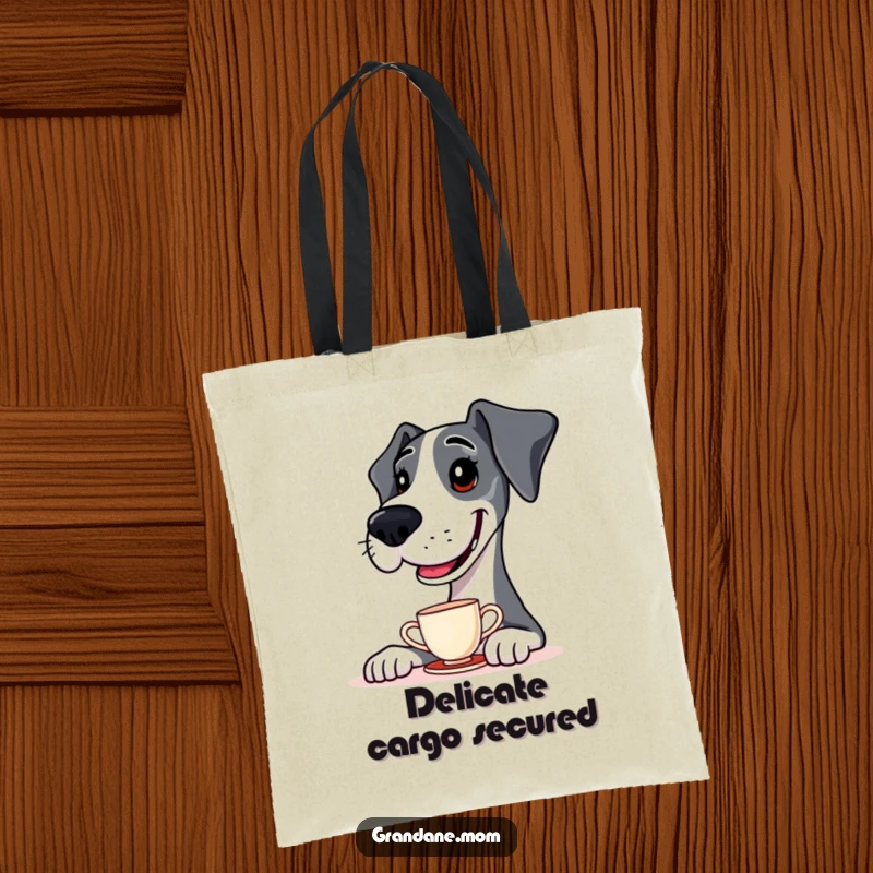 Funny Tote Bag with a skilled Great Dane balancing a teacup on its nose, ready for your shopping adventures.
