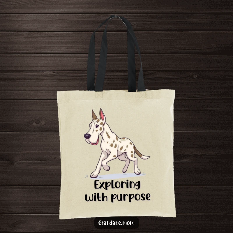 Funny Grand Dane tote bag showing a dog in a determined trot, exploring the world with purpose.
