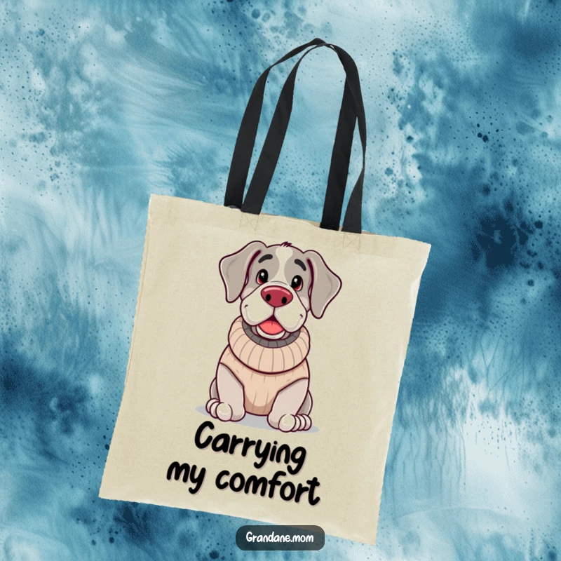 Funny, jolly Grand Dane wearing a knitted sweater, looking cozy and ready to carry your essentials with charm.