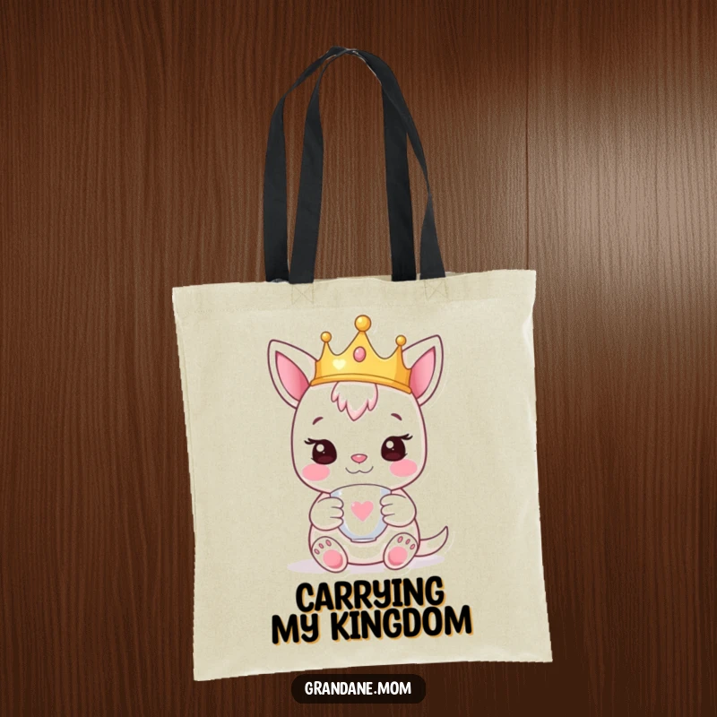 Funny daniff tote bag with a happy pup wearing a tiny crown and holding a teacup, perfect for carrying royal decrees.