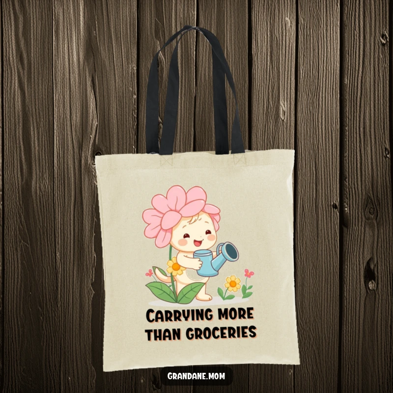 Funny daniff tote bag, a cheerful dog with a watering can tending a large flower, a practical and humorous gardening accessory.