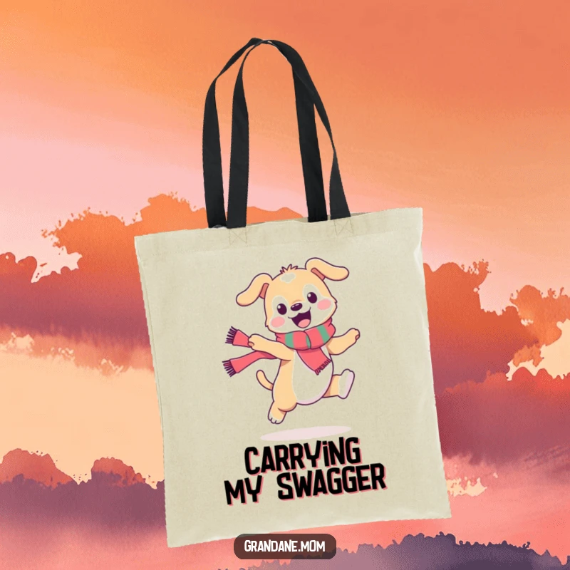 Funny daniff tote bag, a stylish dog with a scarf performing a playful leap, perfect for carrying daily items with humor.