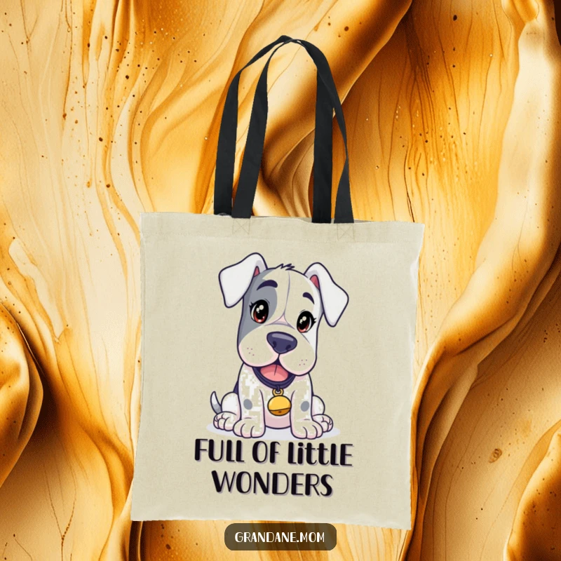 Funny Grand Dane Adventure Tote Bag, a curious dog with a tinkling bell, ready for exploration, a humorous and practical gift.