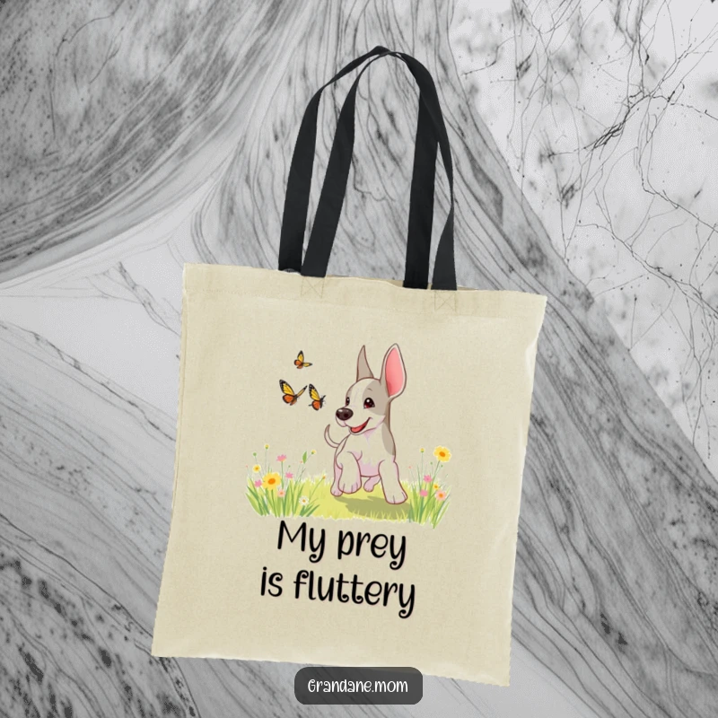 Funny, playful Grand Dane chasing a butterfly in a sunny meadow, perfect for carrying your essentials with doggy charm.