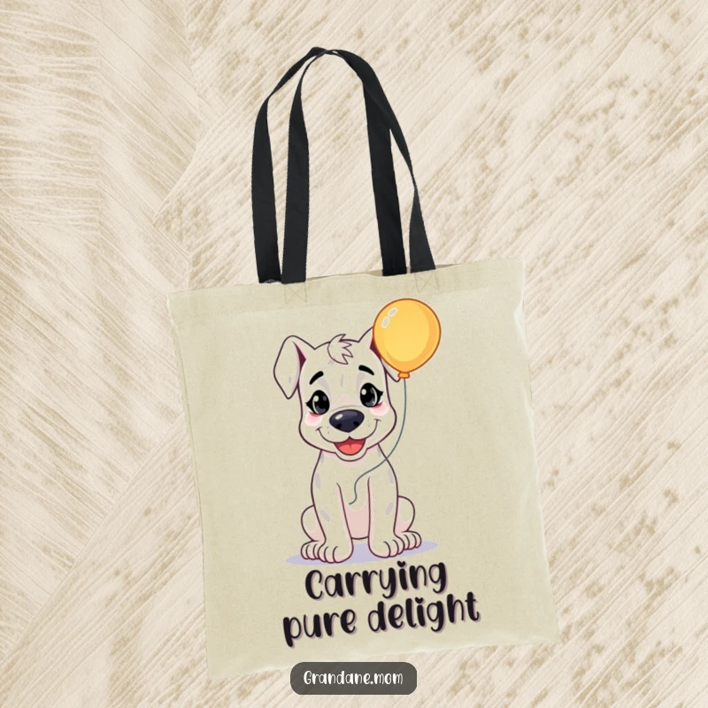 Funny Grand Dane Cheer Tote Bag, a happy dog with a bright balloon, spreading joy, a humorous and practical gift.