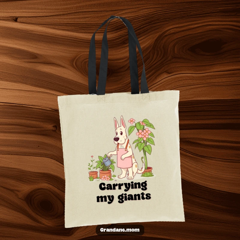 Funny Grand Dane Gardener Tote Bag with a Grand Dane dog in a gardening apron, watering a giant plant.