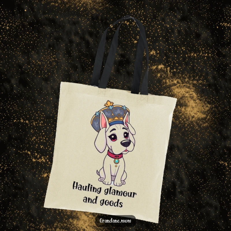 Funny Grand Dane tote bag, featuring an elegant dog sporting a very large, ornate, fashionable hat.