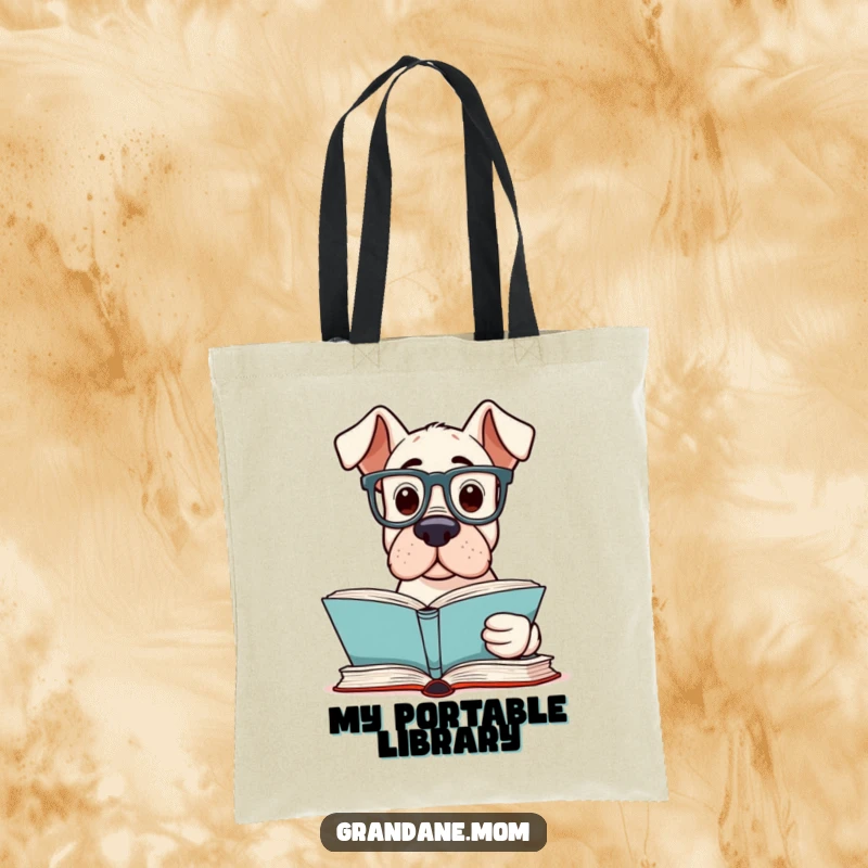 Funny Grand Dane Reader Tote Bag with a Grand Dane dog wearing reading glasses, holding a book, ready for intellectual pursuits.