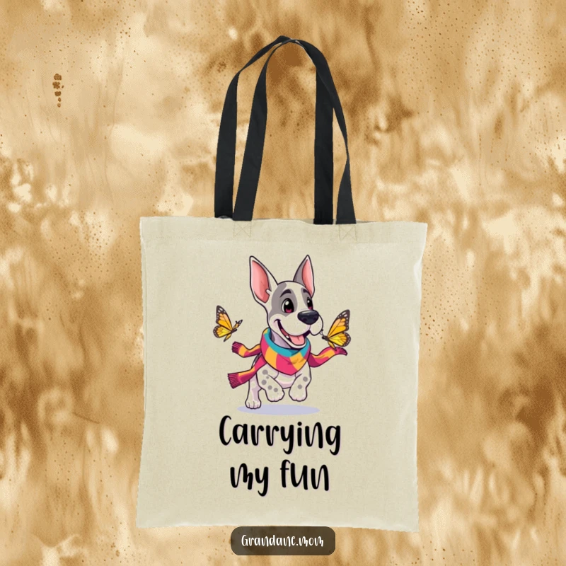 Funny Grand Dane tote bag with a cheerful dog wearing a scarf, playfully chasing a butterfly, practical and humorous.