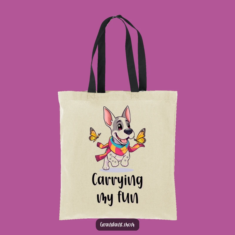 Funny Grand Dane Scarf Tote Bag: Cheerful Dog Butterfly Chase Accessory Gift