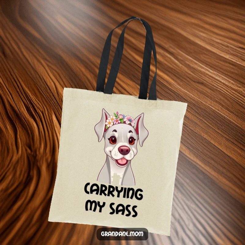 Funny tote bag depicting a cheerful Grand Dane dog wearing a dainty floral headband, symbolizing canine elegance.
