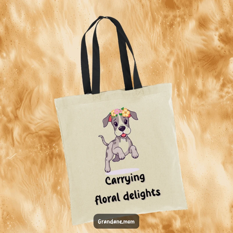Funny Great Dane floral headband tote bag with a playful dog prancing joyfully, wearing a vibrant flower crown.