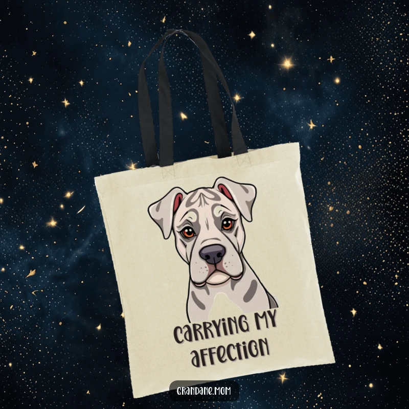 Funny Grand Dane Tote Bag: A Grand Dane with soulful eyes offers a gentle lick, carrying your items with heartwarming canine affection.