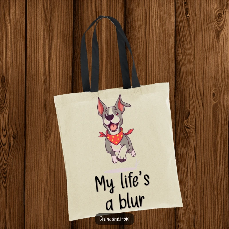 Funny Grand Dane tote bag with a dog wearing a bandana, depicted running with boundless energy and a happy demeanor.