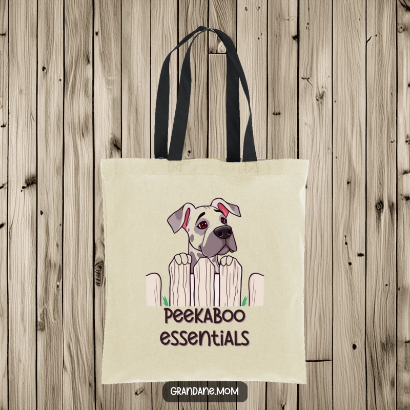 Funny Grand Dane Fence Peek Tote Bag: a big dog peeks over a fence; a humorous and practical accessory for dog lovers.